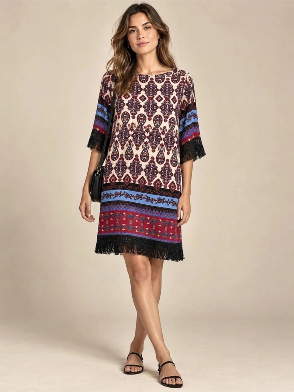 Umgee Paisley Boho  Fringe Mini Dress in Cream & Blue Size Large